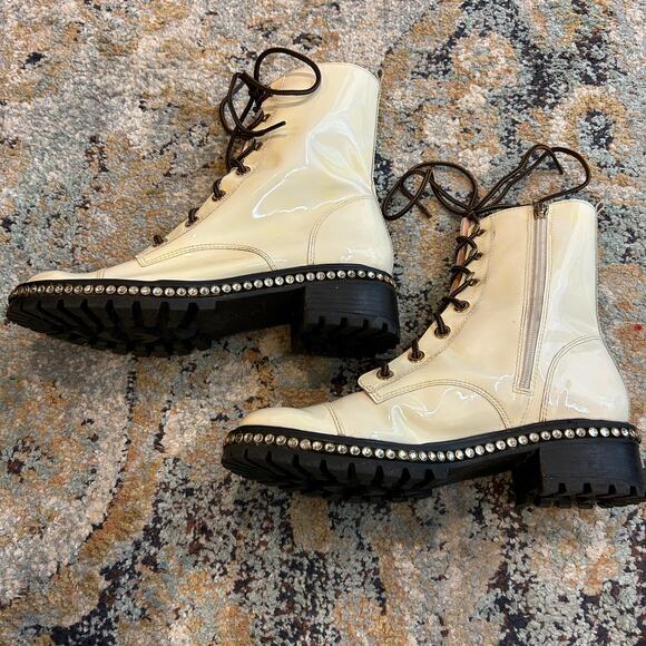 Schutz Combat Boots Andorra Patent Embedded Crystal Detail Block Heel Size 10B - Picture 7 of 9